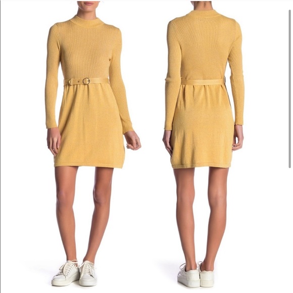 Free People Gold Shimmer Knit Belted Sweater Dress - Picture 3 of 4